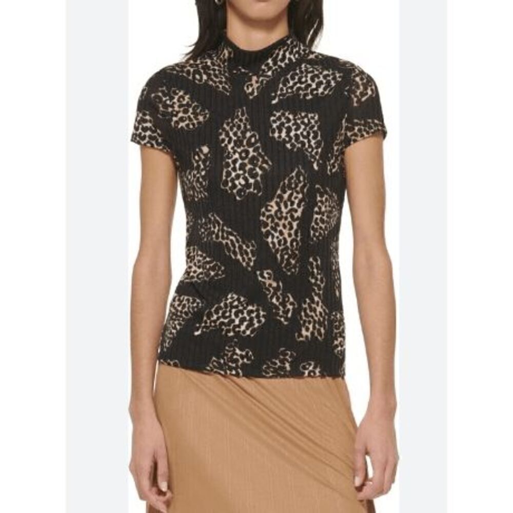 DKNY Womens Short Sleeve Animal Print Pullover Top XS
